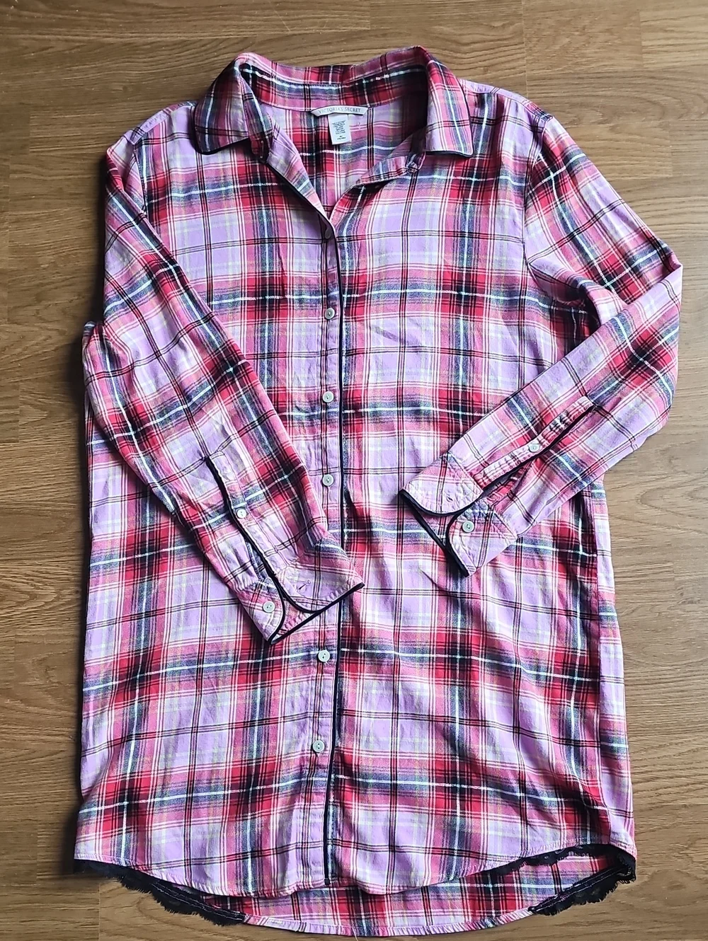 Victoria's Secret Long Slv Button Front Pink Red Plaid Flannel Sleep Dress Med